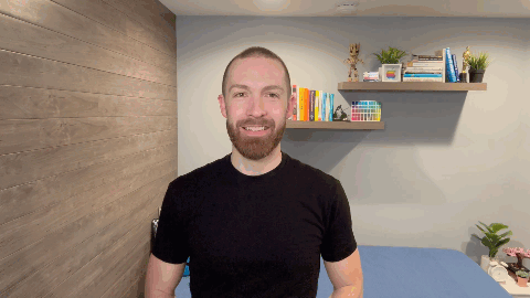 Welcome white male waving and pointing upwards in a short, looping animation
